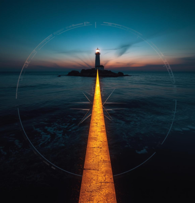 A lighthouse at sunset that guides you toward your destination.